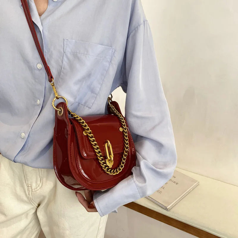 Casual Saddle Bag Metal Chain Handbag Bright Patent Leather