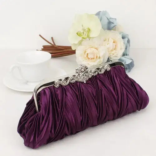 Crystal Satin Evening Clutch Bag Chain Rhinestones Party Crossbody Purse