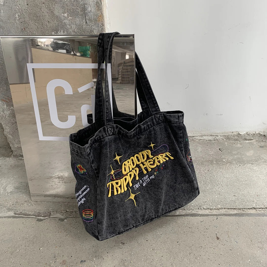 Embroidered Denim Shoulder Bag for Women Large Capacity Travel Tote