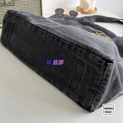 Embroidered Denim Shoulder Bag for Women Large Capacity Travel Tote