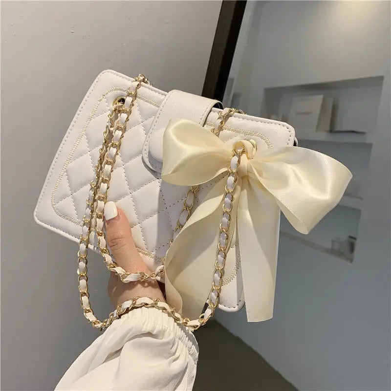 Women Bow Silk Scarf Crossbody Bags Solid Diamond Lattice Shoulder Bag