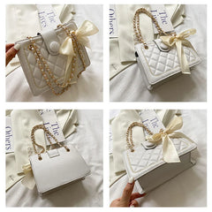 Women Bow Silk Scarf Crossbody Bags Solid Diamond Lattice Shoulder Bag
