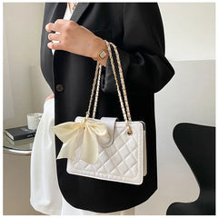 Women Bow Silk Scarf Crossbody Bags Solid Diamond Lattice Shoulder Bag