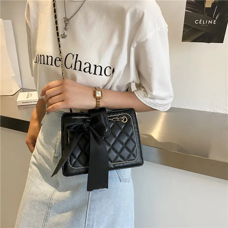 Women Bow Silk Scarf Crossbody Bags Solid Diamond Lattice Shoulder Bag