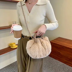 Fluffy Shoulder Bag with Woven Handle