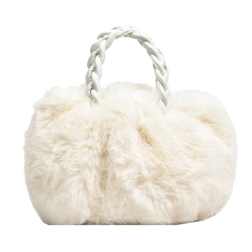 Fluffy Shoulder Bag for Women, Woven Handle Crossbody Handbag