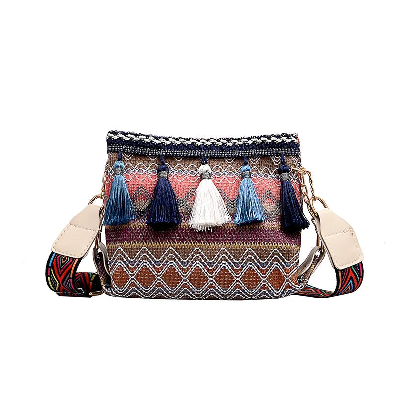 Ethnic Style Shoulder Bag Variegated Fanny Pack with Fringe Decor