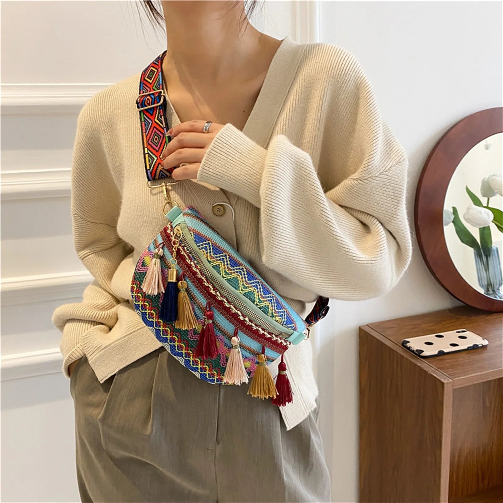 Ethnic Style Waist Bag with Adjustable Strap and Fringe Decor