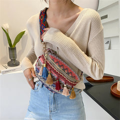 Ethnic Style Waist Bag with Adjustable Strap and Fringe Decor