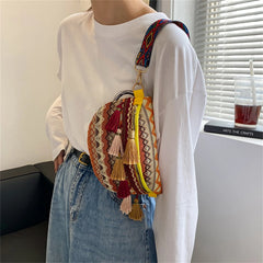 Ethnic Style Waist Bag with Adjustable Strap and Fringe Decor
