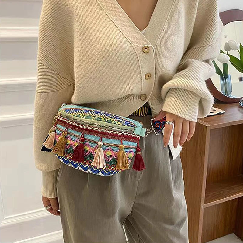Ethnic Style Waist Bag w/ Adjustable Strap Variegated Fanny Pack w/ Fringe Decor