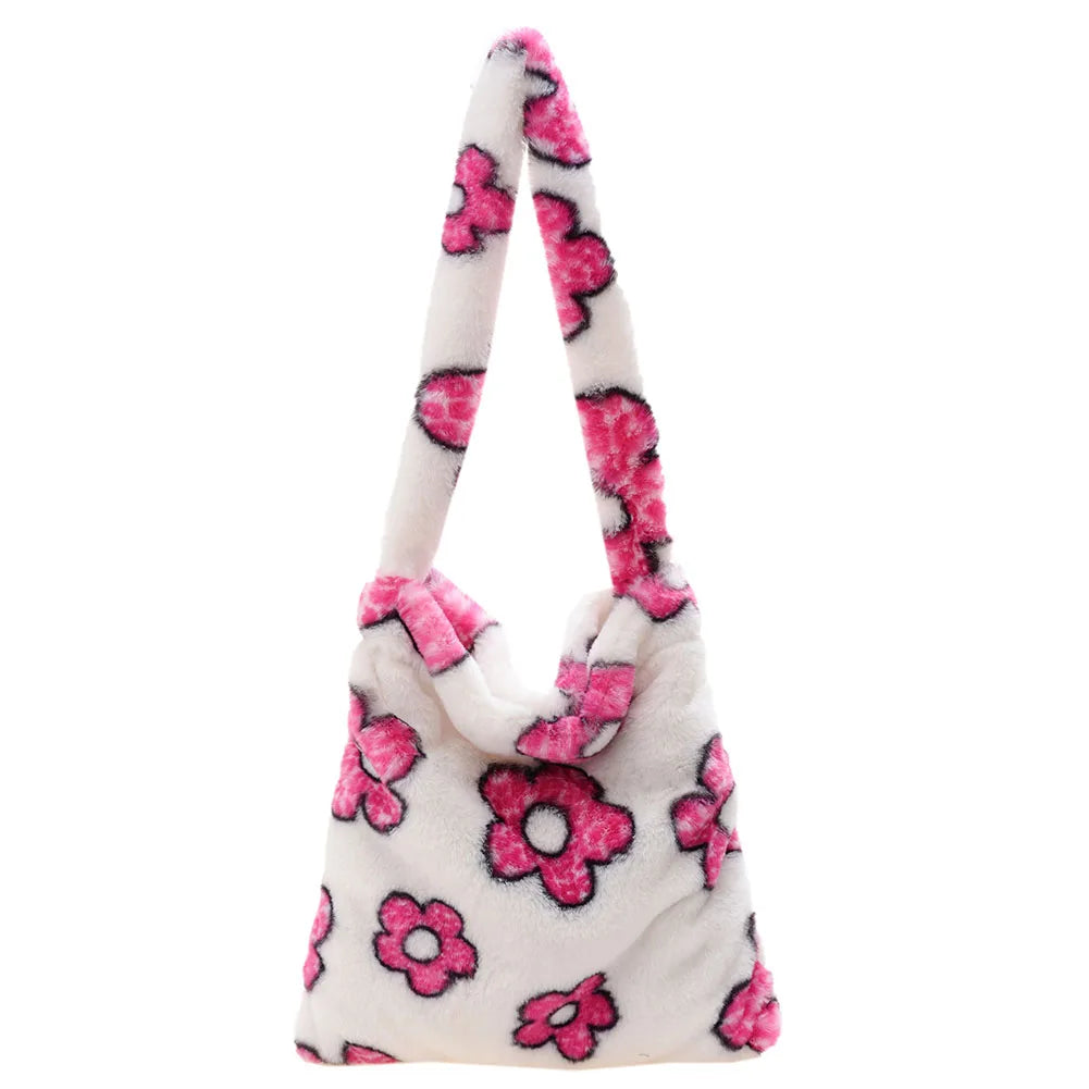 Floral Print Plush Shoulder Bag Winter Large Handbag Purse