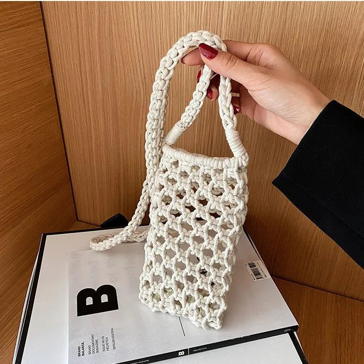 Women Small Crossbody Phone Bag Hollow-out Woven Lightweight Shoulder Handbag