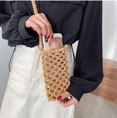 Women Small Crossbody Phone Bag Hollow-out Woven Lightweight Shoulder Handbag