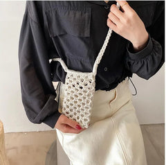 Women Small Crossbody Phone Bag Hollow-out Woven Lightweight Shoulder Handbag