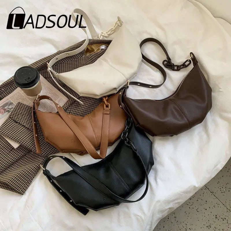 Vintage Soft Leather Handbag Armpit Bag Solid Shoulder Crossbody Chain Underarm