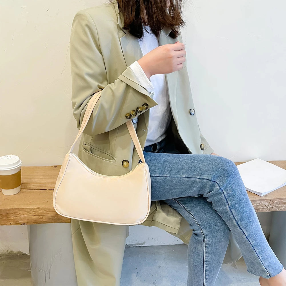 Women Solid Nylon Hobos Bag Ladies Zipper Underarm Bags