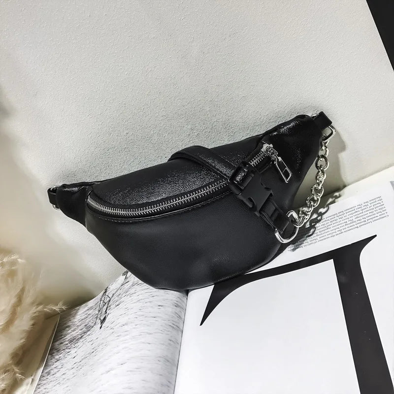 Women Solid Waist Fanny Pack Lady PU Leather Money Belt Wallet Bum Bag
