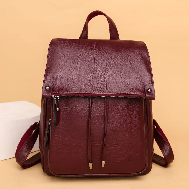 Women Female Rucksack Leisure Student School Bag Soft Leather Cowhide High Trave