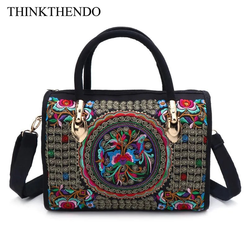 Floral Embroidered Handbag Boho Canvas Shopping Tote Zipper Bag