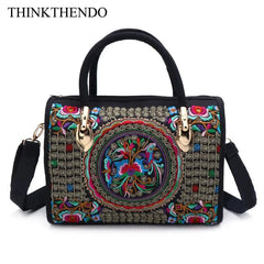 Floral Embroidered Handbag Boho Canvas Shopping Tote Zipper Bag