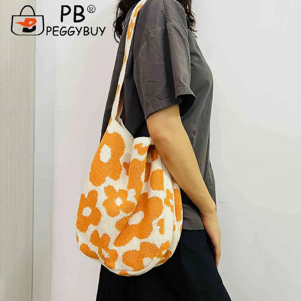Women Flower Knitted Shoulder Bag Female Handbag Large Capacity Travel Tote