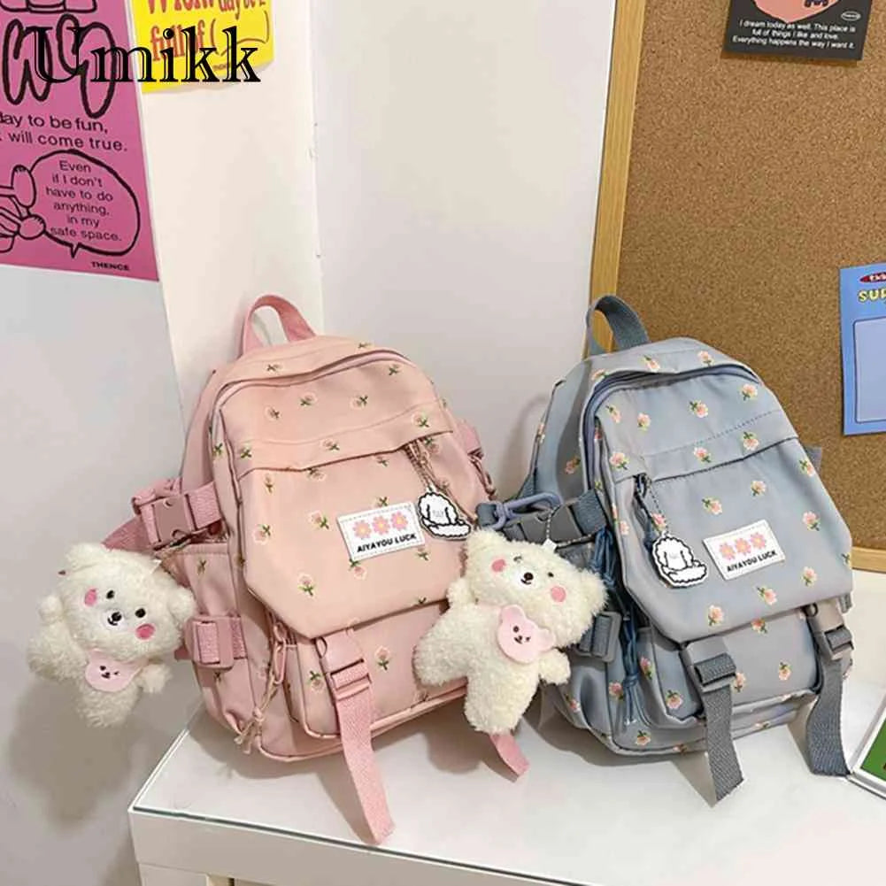 Women Flowers Backpack with Pendant Floral School Bag