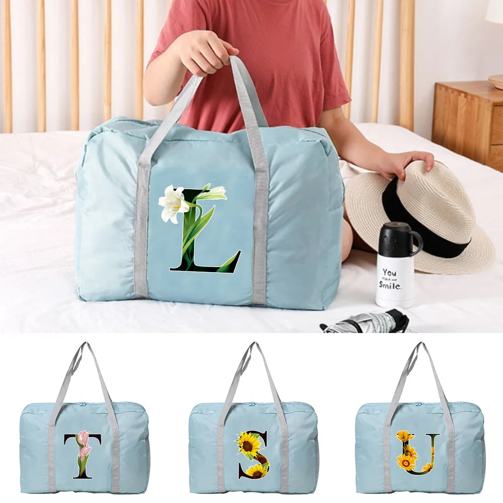 Foldable Gym Bag Flower Letter Print Travel Shoulder Bag