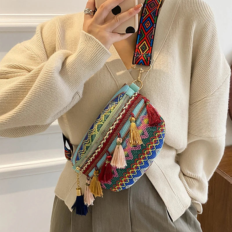 Women Folk Waist Bags Adjustable Fanny Pack Chest Bag Tassel Crossbody