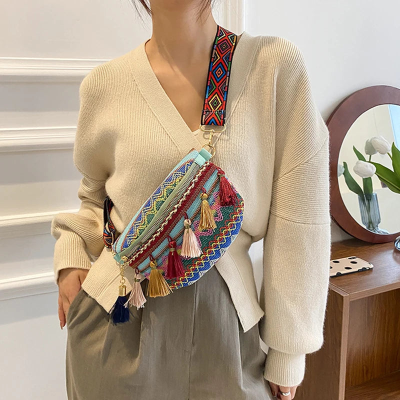 Women Folk Waist Bags Adjustable Fanny Pack Chest Bag Tassel Crossbody