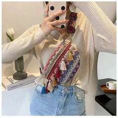 Women Folk Style Waist Bag with Fringe Decor