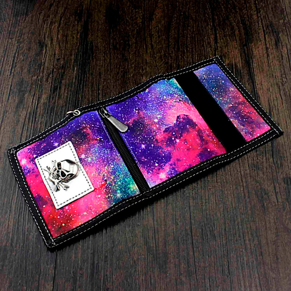 Trifold Starry Sky Wallet Zip Purse with Chain Gift
