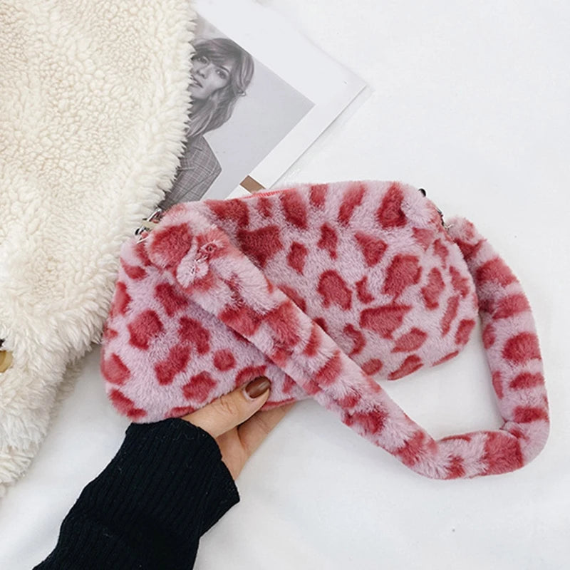 Fluffy Cow Plush Print Shoulder Bag Soft Handbag