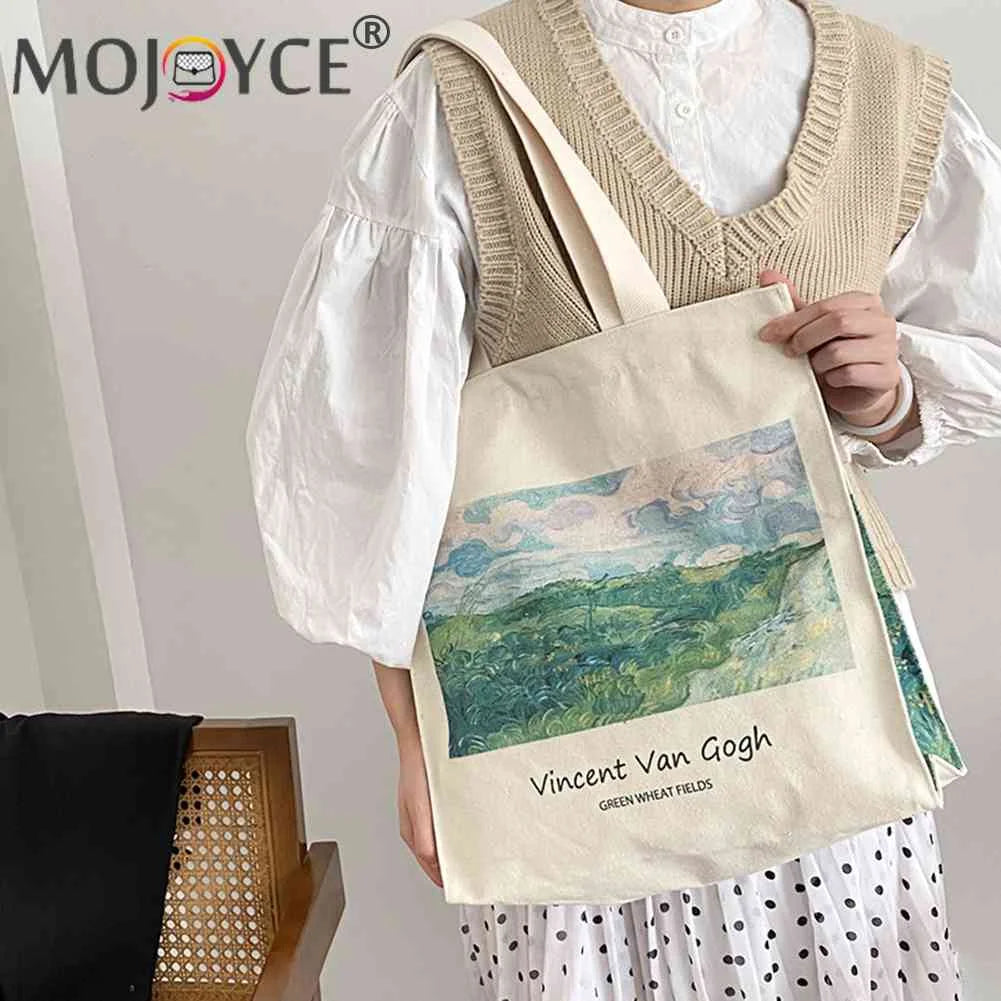 Van Gogh Oil Painting Canvas Shoulder Bag Zipper Grocery Shopper