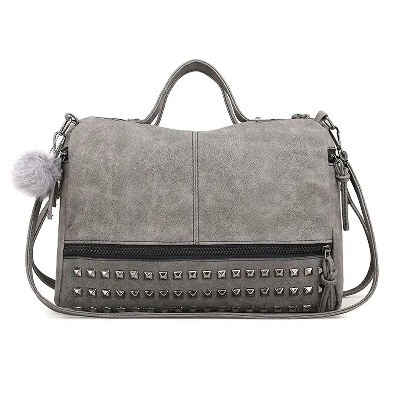 Women Rivets Fur Ball Pendant Handbag Shoulder Bag
