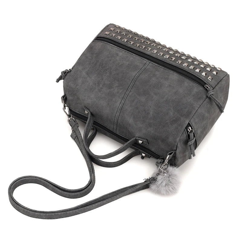 Women Rivets Fur Ball Pendant Handbag Shoulder Bag