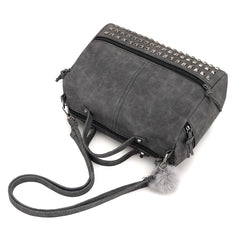 Women Rivets Fur Ball Pendant Handbag Shoulder Bag