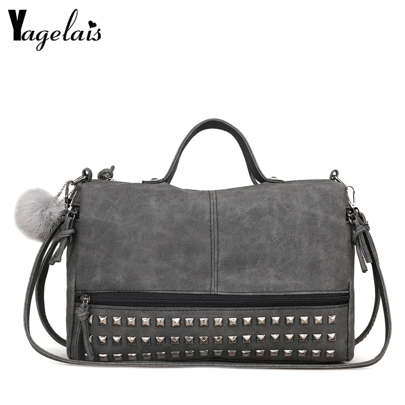 Women Rivets Fur Ball Pendant Handbag Shoulder Bag