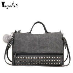 Women Rivets Fur Ball Pendant Handbag Shoulder Bag