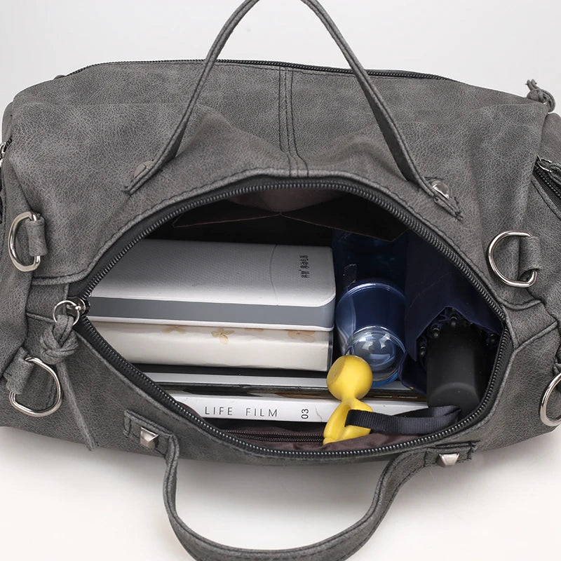 Women Rivets Fur Ball Pendant Handbag Shoulder Bag