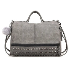 Women Rivets Fur Ball Pendant Handbag Shoulder Bag
