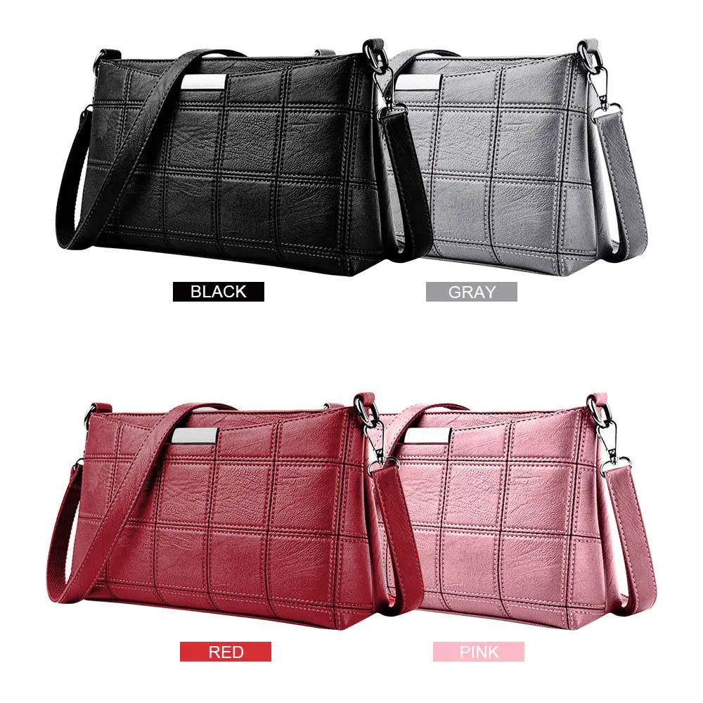 Leather Plaid Messenger Bag Small Square Package Shoulder Handbag