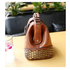 Women Leather Doctor Bag Shoulder Bag Crossbody Handbag Chain Rivets Vintage Bag