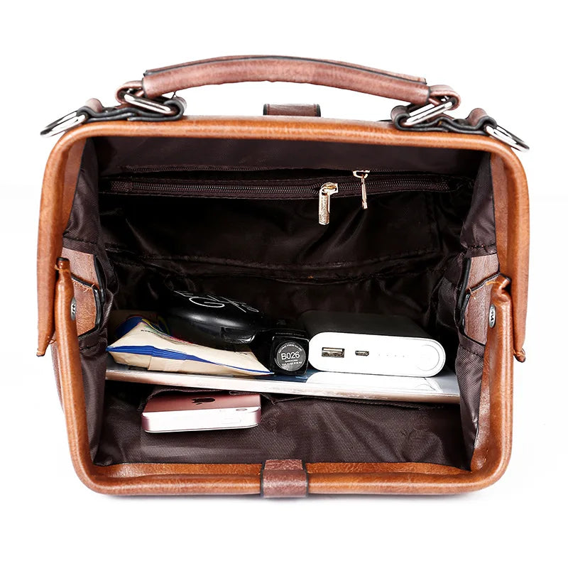Women Leather Doctor Bag Shoulder Bag Crossbody Handbag Chain Rivets Vintage Bag