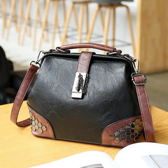 Women Leather Doctor Bag Shoulder Bag Crossbody Handbag Chain Rivets Vintage Bag