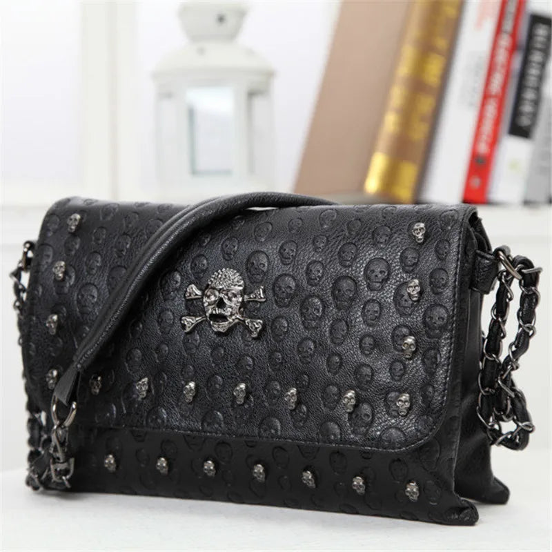 Skull Skeleton Chain Lady Tote Shoulder Bucket Bag PU Leather Crossbody Bags