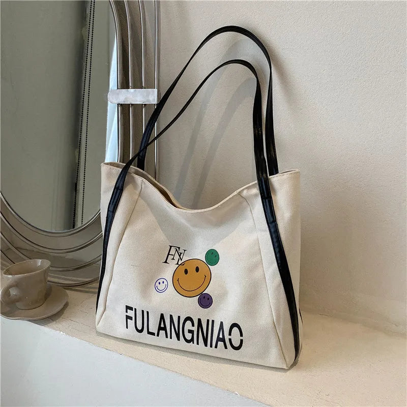 Women Canvas Shoulder Cartoon Printed Tote Bag Letter Large Capacity