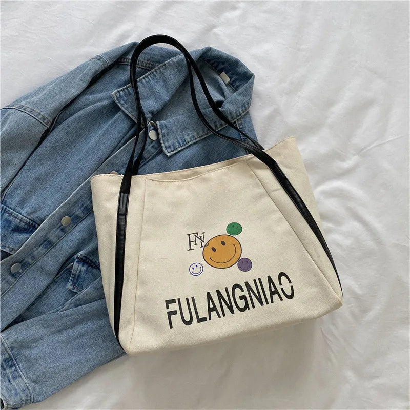 Women Canvas Shoulder Cartoon Printed Tote Bag Letter Large Capacity