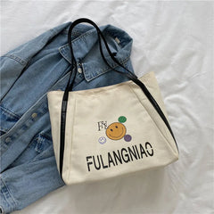 Women Canvas Shoulder Cartoon Printed Tote Bag Letter Large Capacity