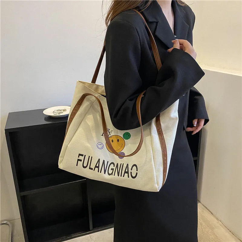 Women Canvas Shoulder Cartoon Printed Tote Bag Letter Large Capacity